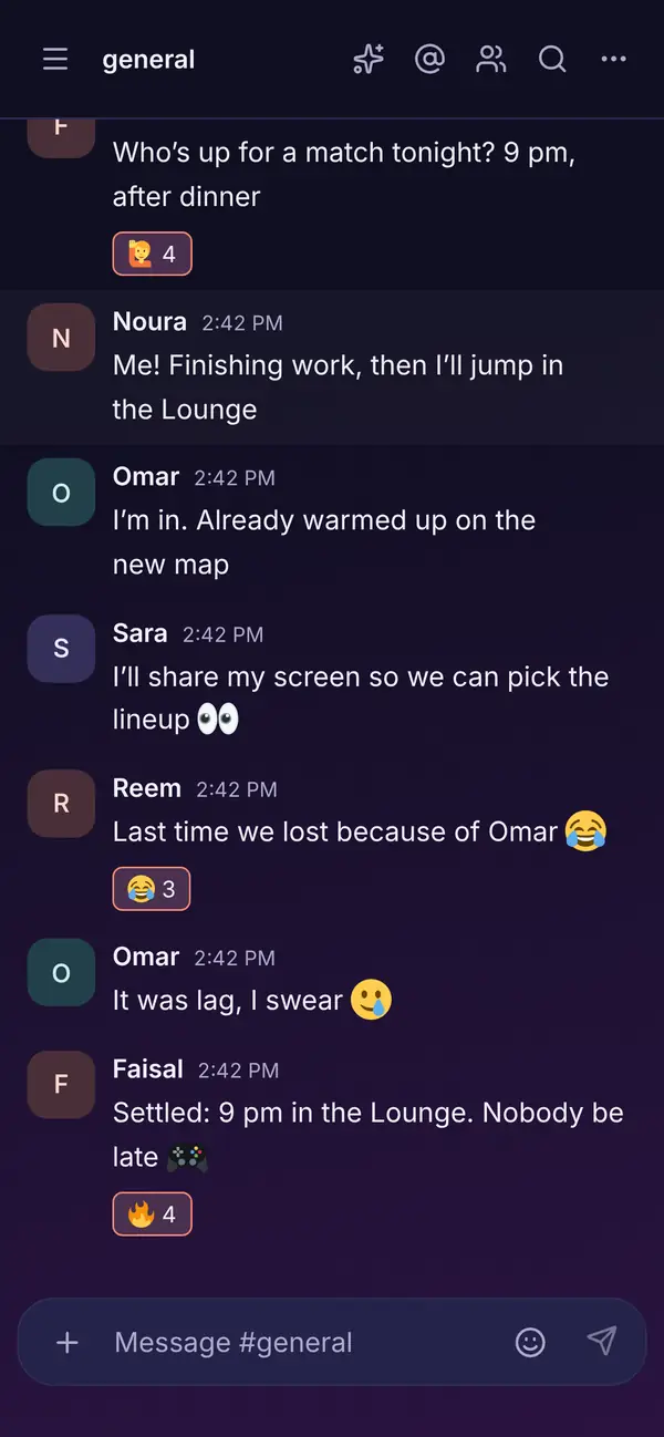 Lamma on a phone in English: the general channel in Weekend Squad.